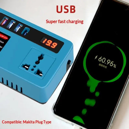 【S】18v-21v To 220v Battery Inverter with 4 USB LED Multifunctional Smart Transformer Dual Plug Household