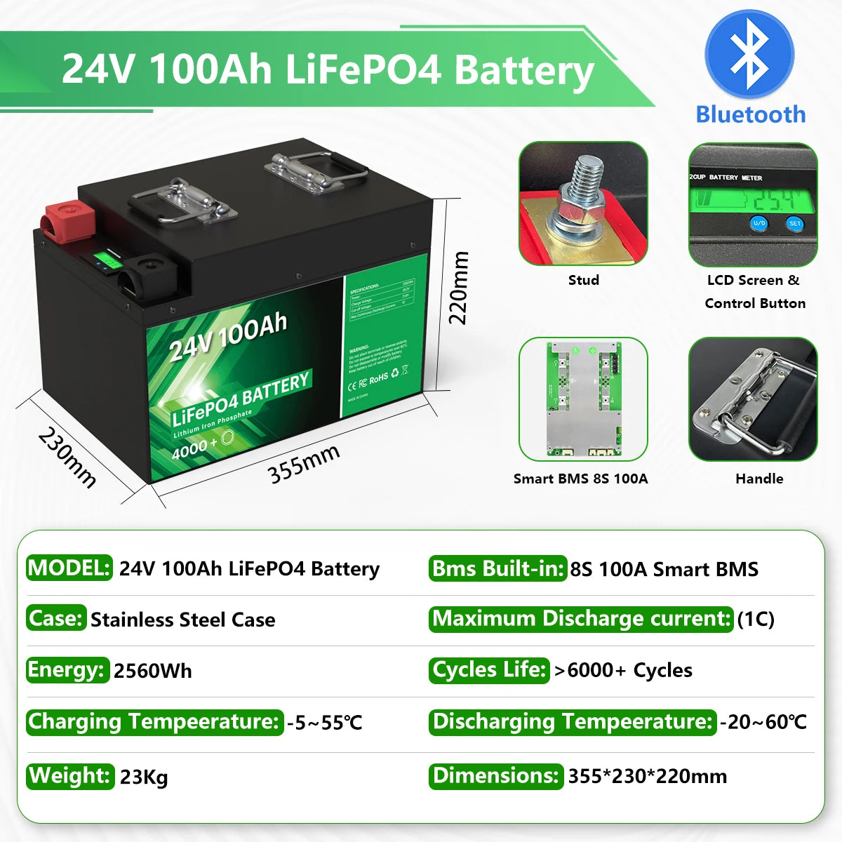 24V 200Ah LiFePO4 Battery 5.12kWh Bluetooth 8S 200A BMS 6000 Cycles 100Ah 300Ah 12V Lithium Battery for Marine RV Solar Off-Grid