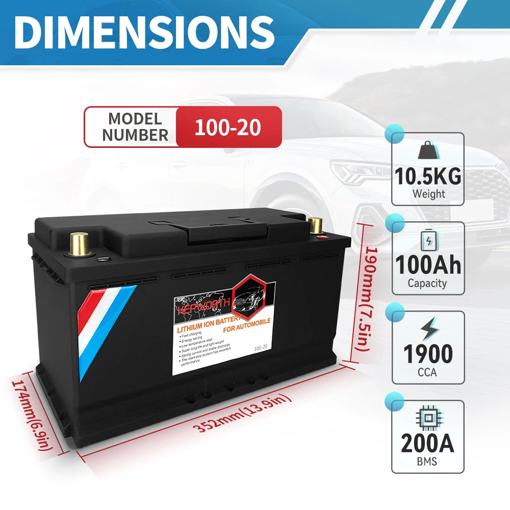12V LiFePO4 Lithium Car Battery 70Ah 80Ah 100Ah 120Ah Jump Starter Battery Built in 200A BMS for Car, Automotive , SUV, Vehicle