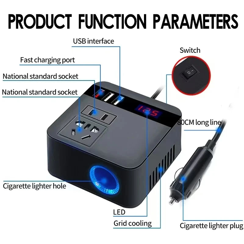 Car Inverter DC12V/24V to DC110V/220V 150W LED Display Sockets Power Inverter Adapters Fast Charging Automobiles Inverters