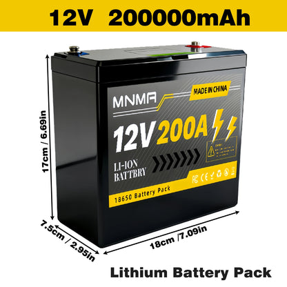 12V Rechargeable Battery Pack 200Ah , for LED lights, camping, and home backup power supply 18650 Lithium Battery +Charger