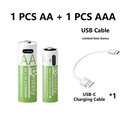 1.5V AA/AAA Li-ion Batteries 13600+6800mAh Ultra-Fast Charge 2000+ Cycles w/ free USB-C Cable for Toys, Remote Controls, Cameras