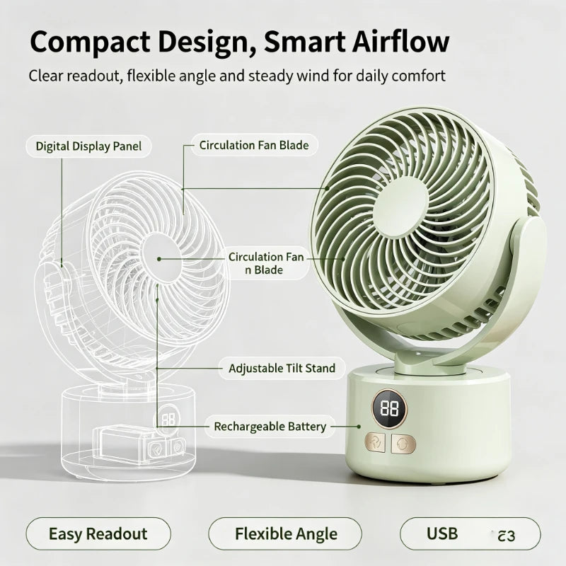 USB Rechargeable Quiet Oscillating Fan Long Battery Life High Airflow Camping Circulator for Home Office Use