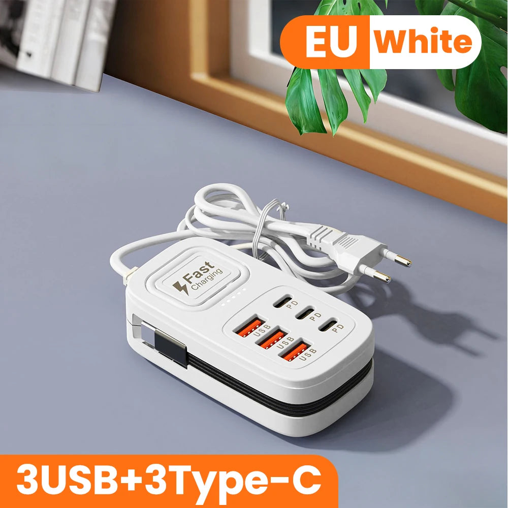 6 Ports USB Fast Charger Power Strip Desktop Charging Station Fast Charging EU/UK/US Plug USB HUB Adapter Socket 3Type C 3USB