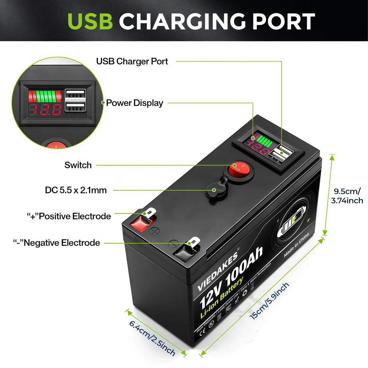 High Power 12V Lithium Battery With LED Power Display & Dual USB Port Built in BMS. For RV Driving And Camping.