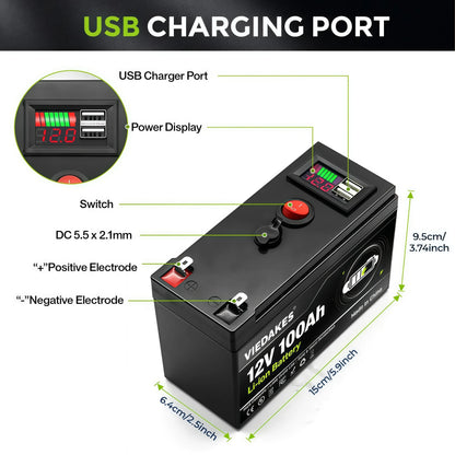 High Power 12V Lithium Battery With LED Power Display & Dual USB Port Built in BMS. For RV Driving And Camping.