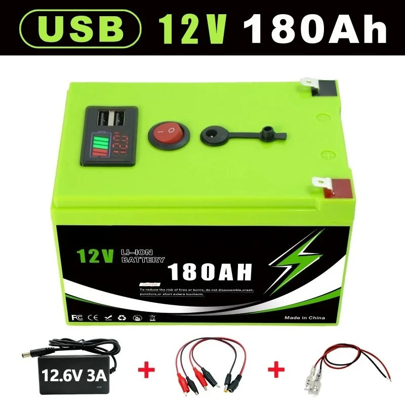 12V 160Ah/180Ah/200Ah 18650 Lithium Battery Pack with USB Port & LED Display, Portable Power Station for RV Boat Solar Storage
