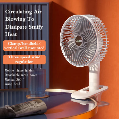 4-in-1 Rechargeable Circulating Clip Fan 3-Speed Mini Fan Support Handheld Desktop, Clip-on and Wall Mount for Bedroom Camping