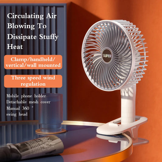 4-in-1 Rechargeable Circulating Clip Fan 3-Speed Mini Fan Support Handheld Desktop, Clip-on and Wall Mount for Bedroom Camping