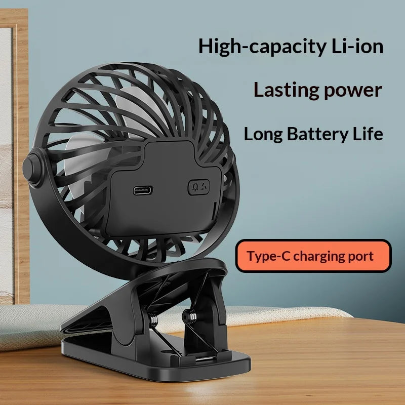 Powerful Rechargeable Clip Fan Portable, 720° Rotatable Fan with Night Light, Air Cooler USB Desk, Long Battery Life Ventilador