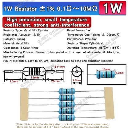 100pcs 1/4W Metal Film Resistor Element 1% 0.25W 1K 1.5K 2.2K 4.7K 10K 22K 47K 100K 470k 100 220  4K7 Ohm 5 Color Ring Resistors