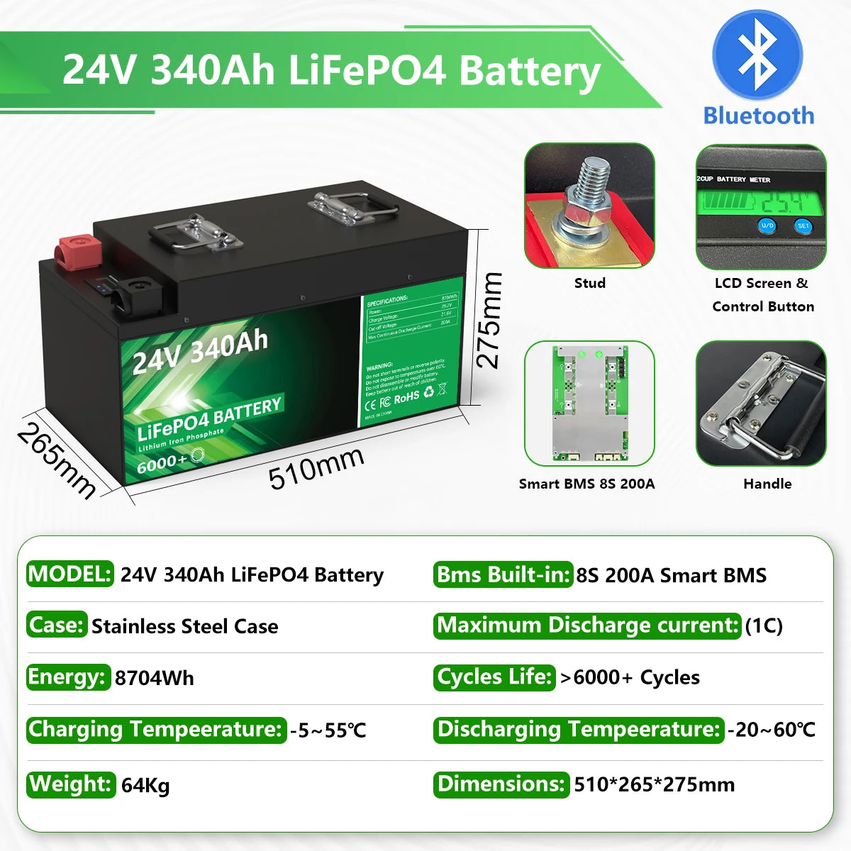 24V 200Ah LiFePO4 Battery 5.12kWh Bluetooth 8S 200A BMS 6000 Cycles 100Ah 300Ah 12V Lithium Battery for Marine RV Solar Off-Grid