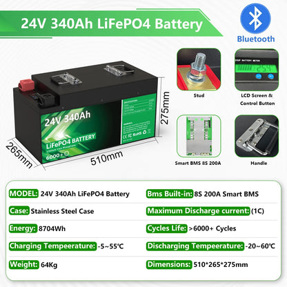 24V 200Ah LiFePO4 Battery 5.12kWh Bluetooth 8S 200A BMS 6000 Cycles 100Ah 300Ah 12V Lithium Battery for Marine RV Solar Off-Grid