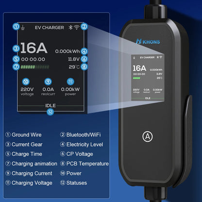 Khons 11KW 16A 3-Phase GB/T EV Charger Portable EVSE Charging Box with APP Control 5m TPU Cable For Electric Cars