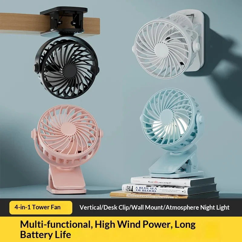 Rechargeable Portable Mini Electric Fan720 °Rotating Hanging Clip Fan Night Light Air Cooler Outdoor Camping Small FanVentilador
