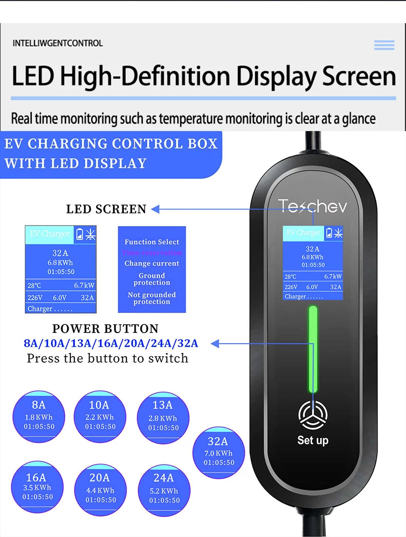 Teschev Type 1 Portable EV Charger 7KW 32A 1Phase Wallbox GBT EVSE Fast Charging Cable CEE Plug Electrical Home Charging Station