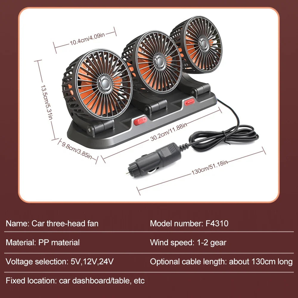 12V Automotive Fan Car Fan 24V 360° Adjustable 3 Head Air Fan Low Noise Multifunctional Temporary Parking Card Auto Vehicles Fan