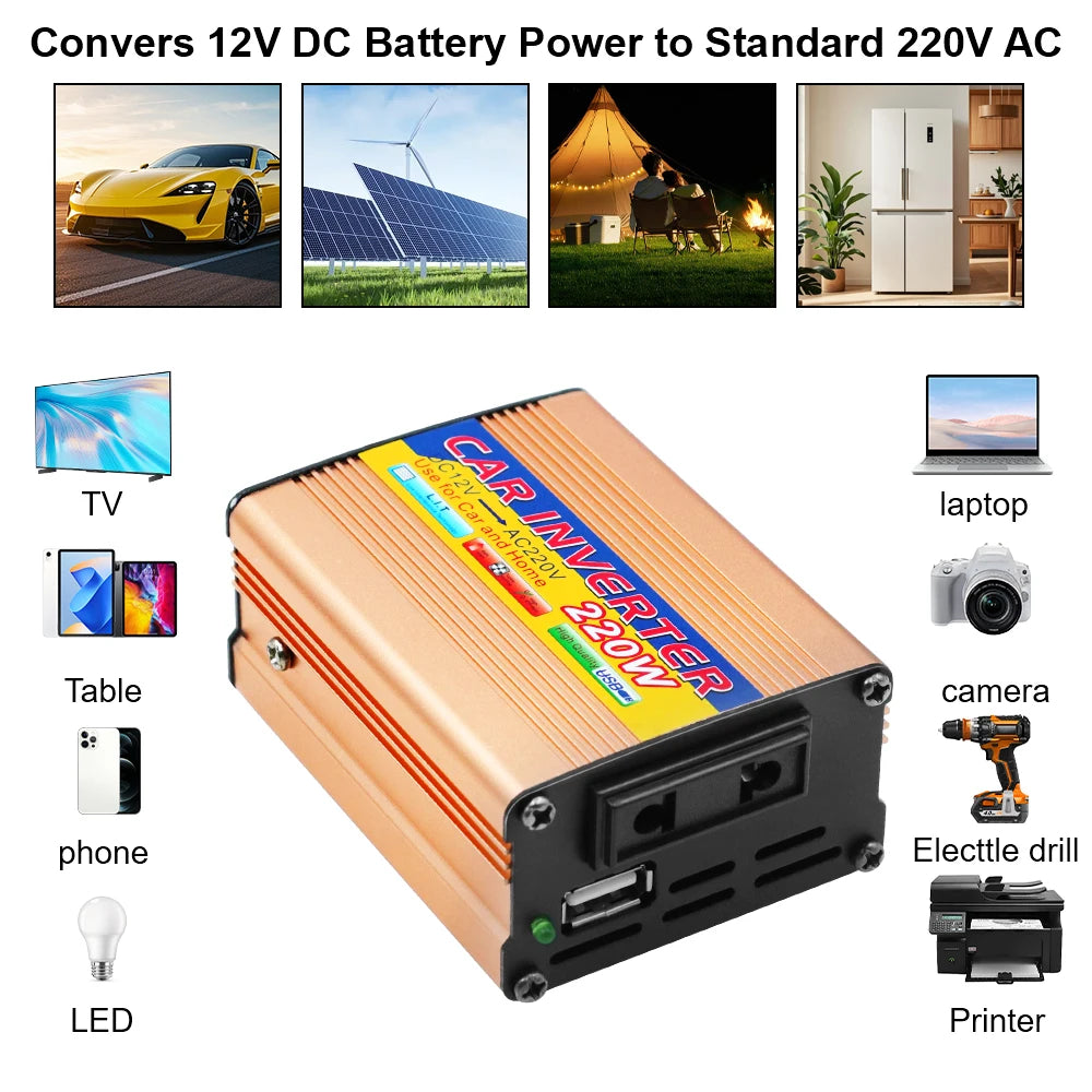 220W Power Inverter Conversion USB Battery Clip Portable Car Mounted Inverter DC 12V To AC 220V USB Voltage Transformer