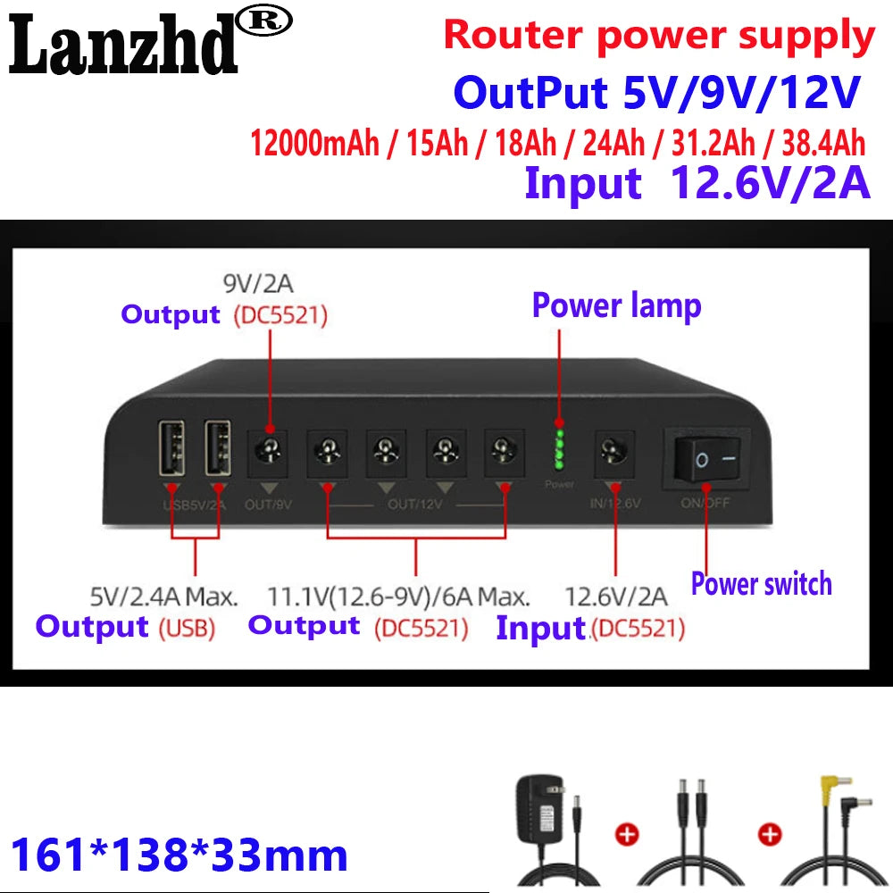 12V 9V 5V lithium battery pack 3S4P Multi-function 18650 battery For router working properly LED lights camera phone computer