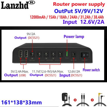 12V 9V 5V lithium battery pack 3S4P Multi-function 18650 battery For router working properly LED lights camera phone computer