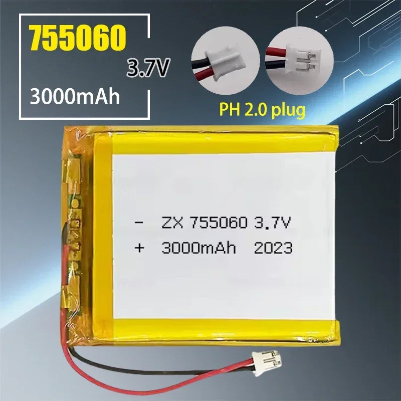 755060 Battery 3.7V 3000mAh Lithium Polymer Rechargeable Batteries for Mobile Power Supply Small Speaker Solar Light Walkie New