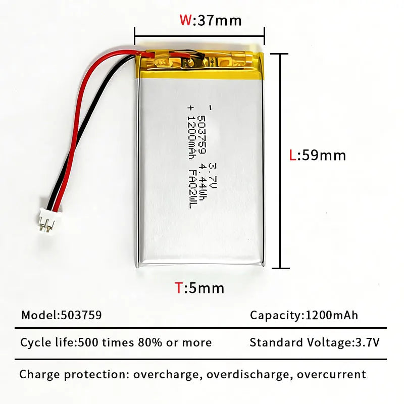 Lithium Polymer Battery 503759 3.7V 1200mAh LiPo Cell  Replacement Power For Bluetooth Headset Audio Stereo PSP POS