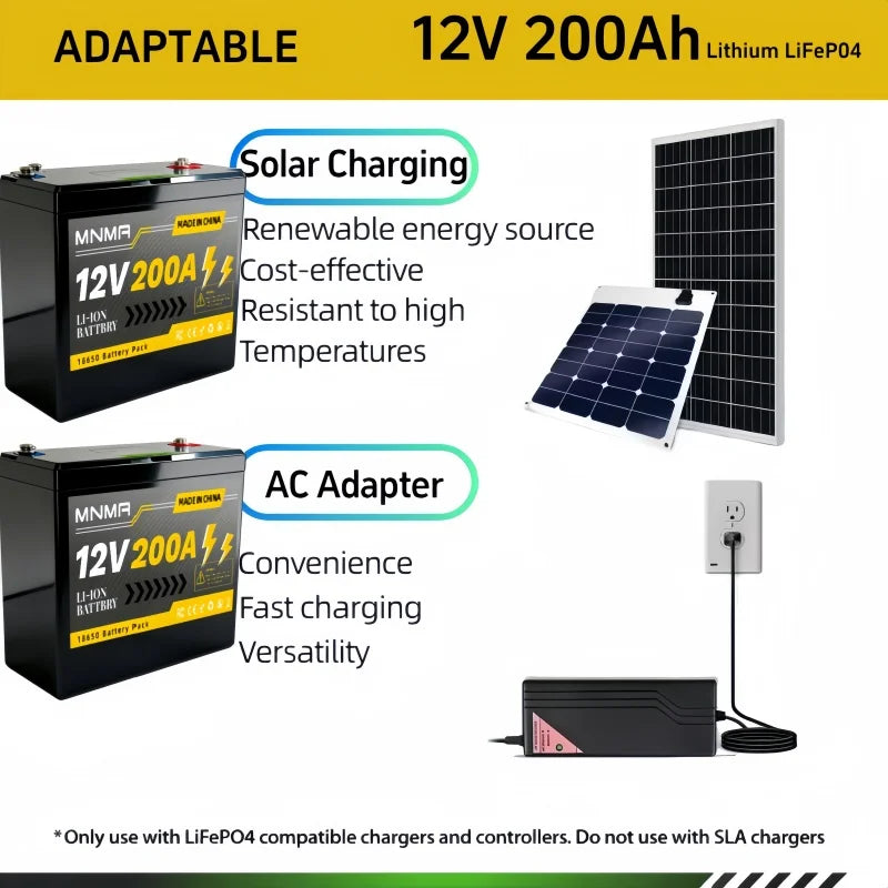 12V Rechargeable Battery Pack 200Ah , for LED lights, camping, and home backup power supply 18650 Lithium Battery +Charger