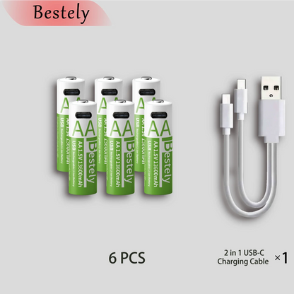 Latest Rechargeable 1.5V AA 13600mAh USB Lithium Battery , Fast Charging Li-ion AA Battery  , 2000 Cycle with USB- C Port Cables
