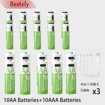 New 1.5V AA 13600mAh+AAA 6800mAh Rechargeable Lithium Batteries Fast Charging Li-ion Battery 2000 Cycles with Free USB- C Cables