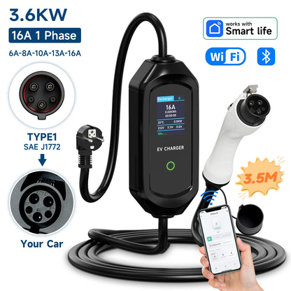 AFYEEV 3600W Portable Type2 IEC62196-2 EV Charger Type1 SAE J1772 Electric Car Charger GBT EVSE Charging Cable Wallbox EU Plug