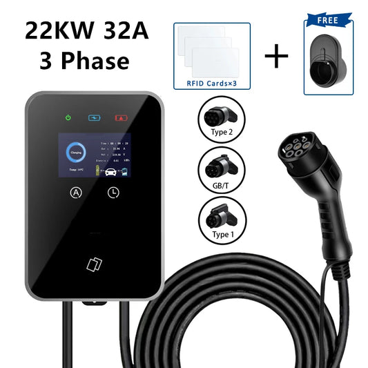 EV Charging Station IEC62196 J1772 Electric Vehicle Charger EVSE Wallbox Wallmount 7KW 22KW Type2 Type1 GBT Cable APP Cards