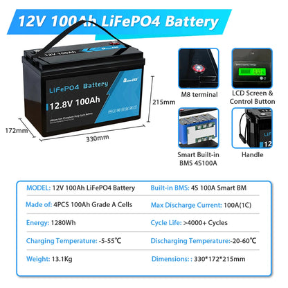 New 12V 24V 100Ah 200Ah 300Ah 400Ah LiFePo4 Battery Pack Lithium Iron Phosphate Batteries for Solar Energy Storage System RVHome