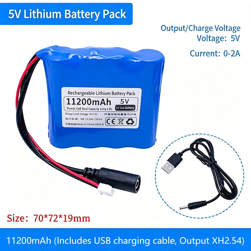 5V Rechargeable Lithium Battery Pack, 3000-11200mAh with 0-2A Output for Microcontroller & IoT Projects