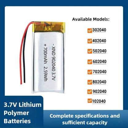 902040 3.7V 1000mAh Li-Polymer Battery 302040 402040 502040 602040 702040 802040 102040 Rechargeable Lithium Polymer Batteries