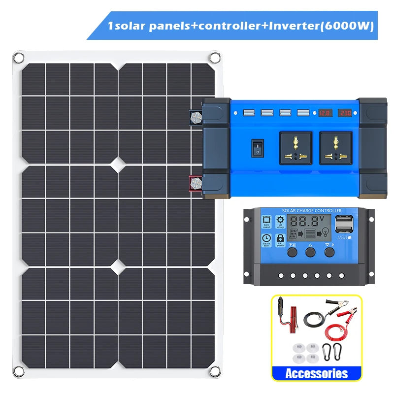 6000W Complete Solar Power Kit 12V to 110V/220V Off-Grid System 100A Controller Solar Panel Inverter for Home, Camping, Backup