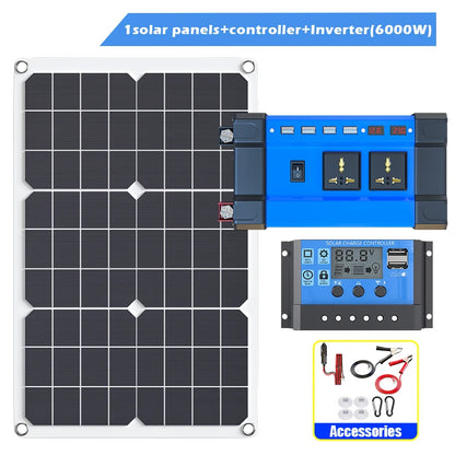 6000W Complete Solar Power Kit 12V to 110V/220V Off-Grid System 100A Controller Solar Panel Inverter for Home, Camping, Backup