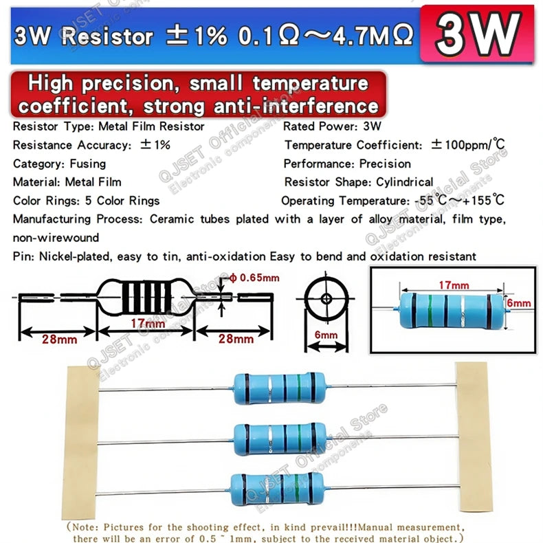 100pcs 1/4W Metal Film Resistor Element 1% 0.25W 1K 1.5K 2.2K 4.7K 10K 22K 47K 100K 470k 100 220  4K7 Ohm 5 Color Ring Resistors