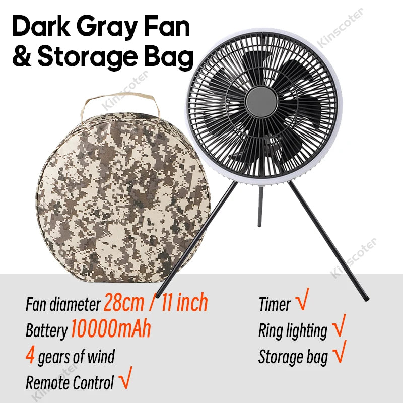 Outdoor Camping Rechargeable Fan Wireless Ceiling Electric Fan LED Light 10000mAh Emergency Charging Desktop Portable Fan Tripod