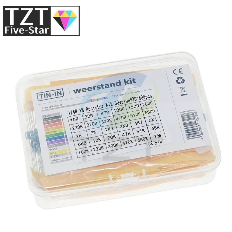 TZT 600pcs/set 30 Kinds 1/4W Resistance 1% Resistors Pack Kit 1K 10K 100K 220ohm 1M Resistors 300pcs/set