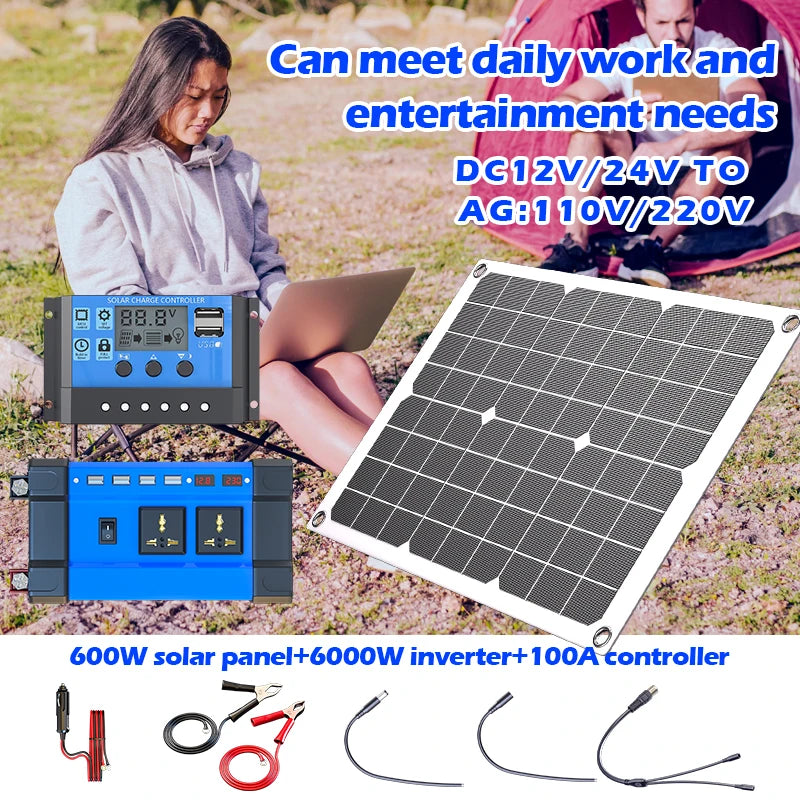 6000W Complete Solar Power Kit 12V to 110V/220V Off-Grid System 100A Controller Solar Panel Inverter for Home, Camping, Backup