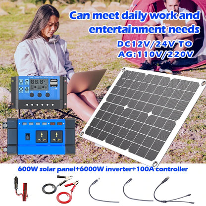 6000W Complete Solar Power Kit 12V to 110V/220V Off-Grid System 100A Controller Solar Panel Inverter for Home, Camping, Backup