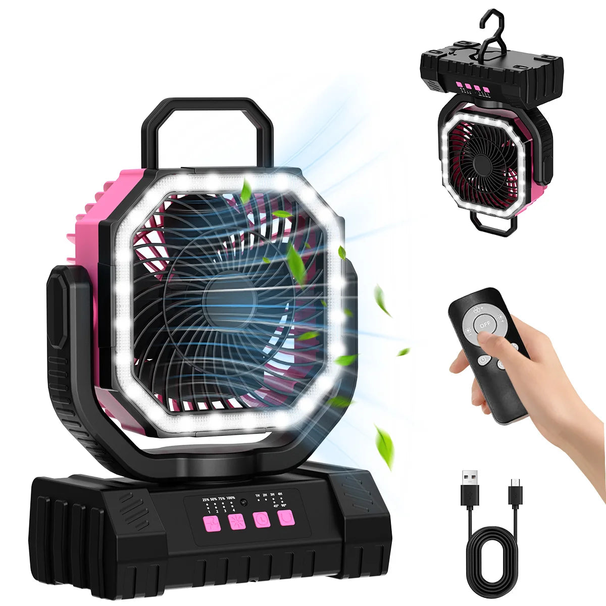 20000mAh Battery Powered Fan Rechargeable Camping Fan 4 Speeds Gear with LED Outdoor Tent Fans with Hanging Hook Remote