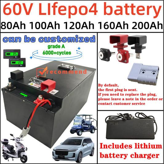 60V 100Ah 120Ah 150Ah 200Ah lithium Lifepo4 EV battery pack with BMS and charger for for electric trike moped golf cart vehicle