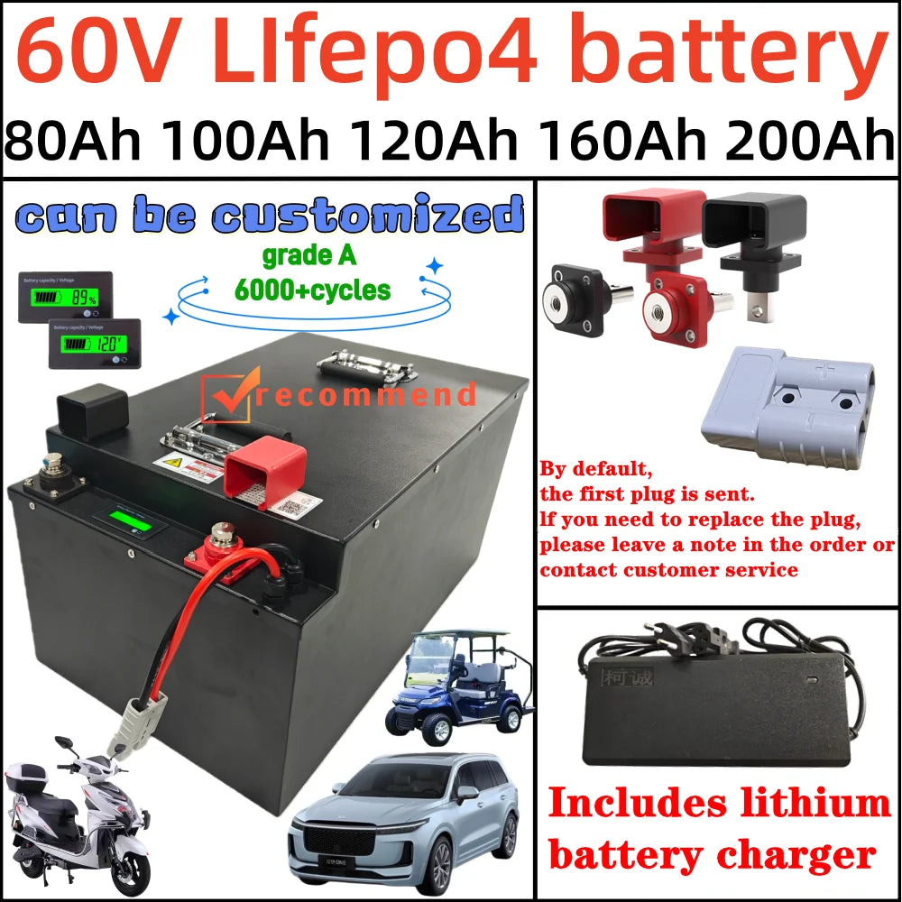 60V 100Ah 120Ah 150Ah 200Ah lithium Lifepo4 EV battery pack with BMS and charger for for electric trike moped golf cart vehicle