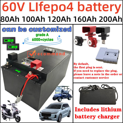 60V 100Ah 120Ah 150Ah 200Ah lithium Lifepo4 EV battery pack with BMS and charger for for electric trike moped golf cart vehicle