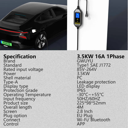 Portable EV Charger 3.5KW AC EV Charging Station Type2 J1772 GBT Portable EV Charging Pile with 2.8 Inch LCD Screen APP Control