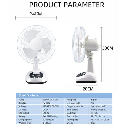 Solar Electric Fan Energy AC/DC 12in Rechargeable Table Fan Outdoor with LED USB Ports Home Office Cooling Air Fan Household