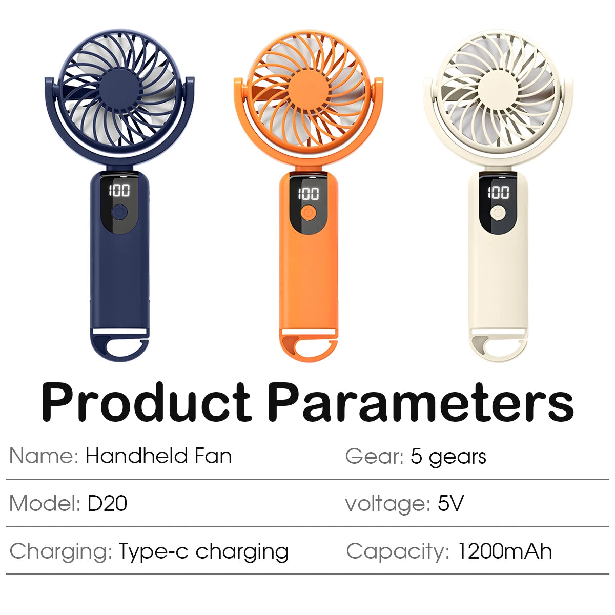 Rechargeable Travel Fan, Portable mini Handheld Fan, 5-Speed Wind Speed, LED Display, 90° Foldable Cooling Fan, Outdoor Camping