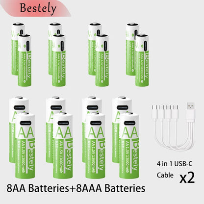 New 1.5V AA 13600mAh+AAA 6800mAh Rechargeable Lithium Batteries Long Lasting USB Li-ion Battery 2000 Cycles with USB- C Cables