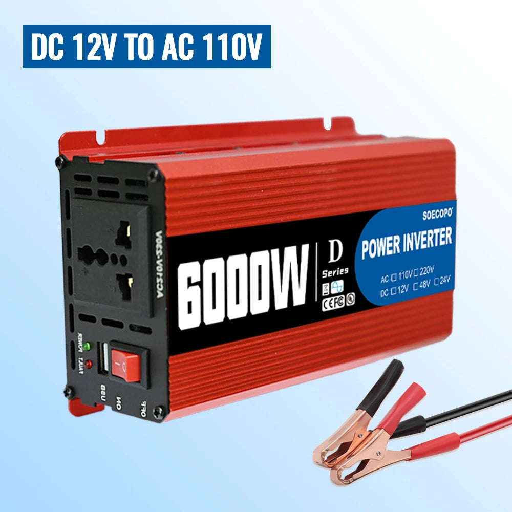 6000W-10000W Car Inverter 12V 24V to 110V 60Hz Voltage Converter Power Inverter with USB Charger for Home Solar System Generator